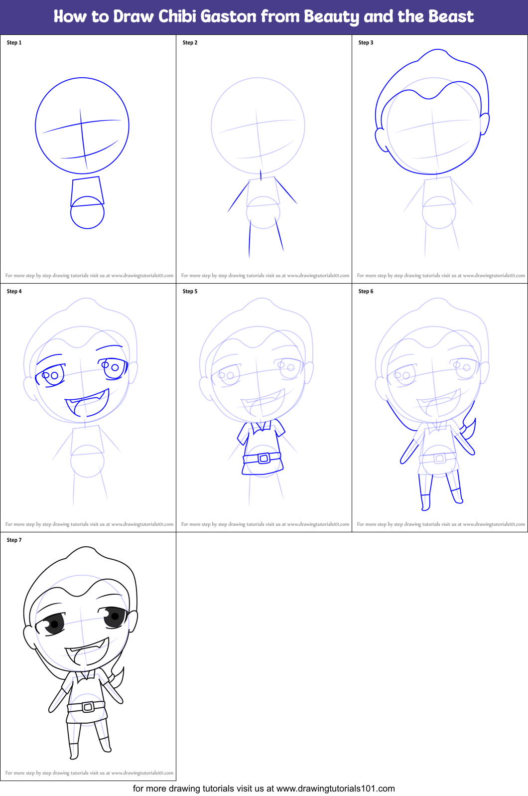 How to Draw Chibi Gaston from Beauty and the Beast Printable Step by Step