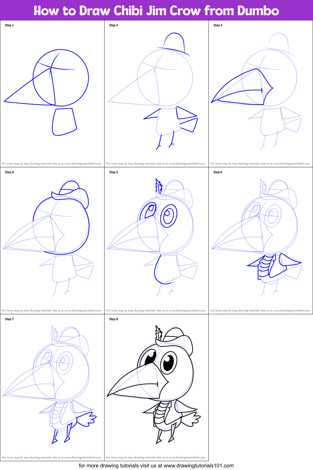 How to Draw Chibi Jim Crow from Dumbo Printable Step by Step
