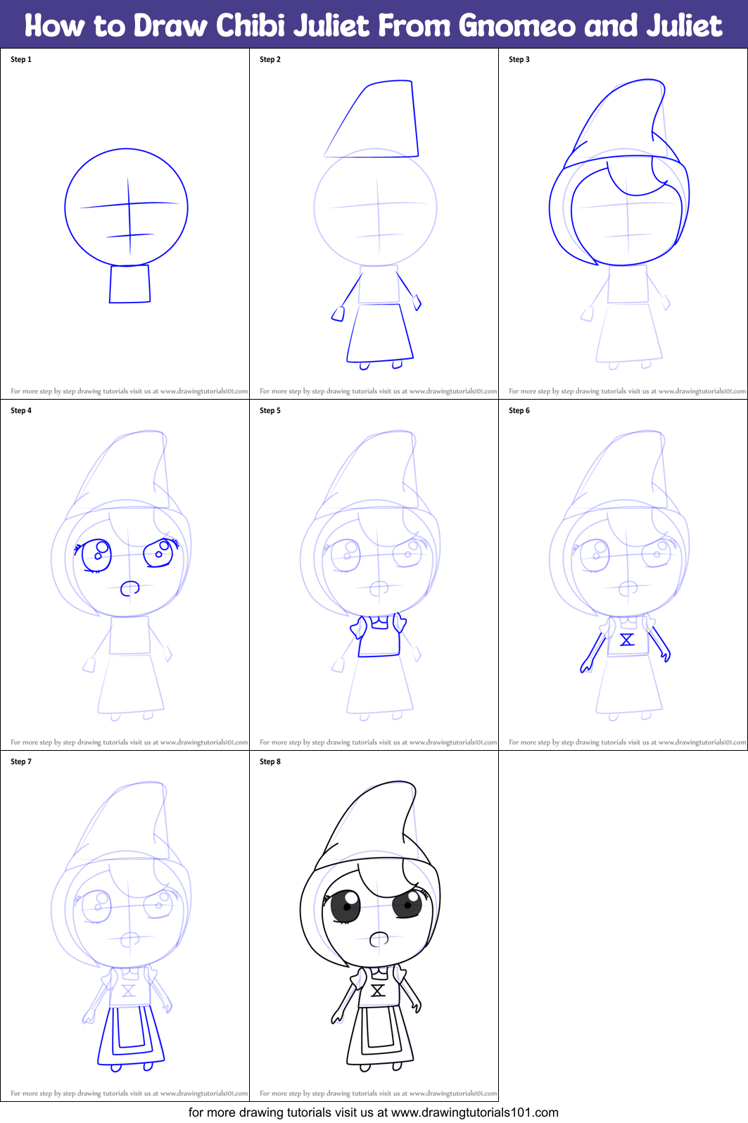 How to Draw Chibi Juliet From Gnomeo and Juliet Printable Step by Step