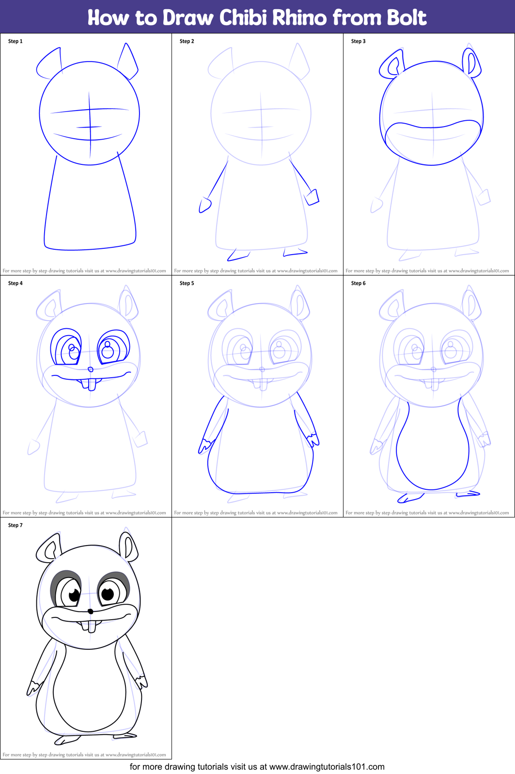 How to Draw Chibi Rhino from Bolt Printable Step by Step