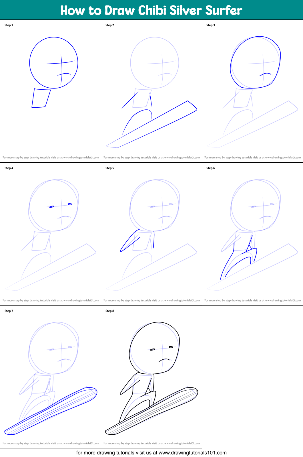 How to Draw Chibi Silver Surfer Printable Step by Step