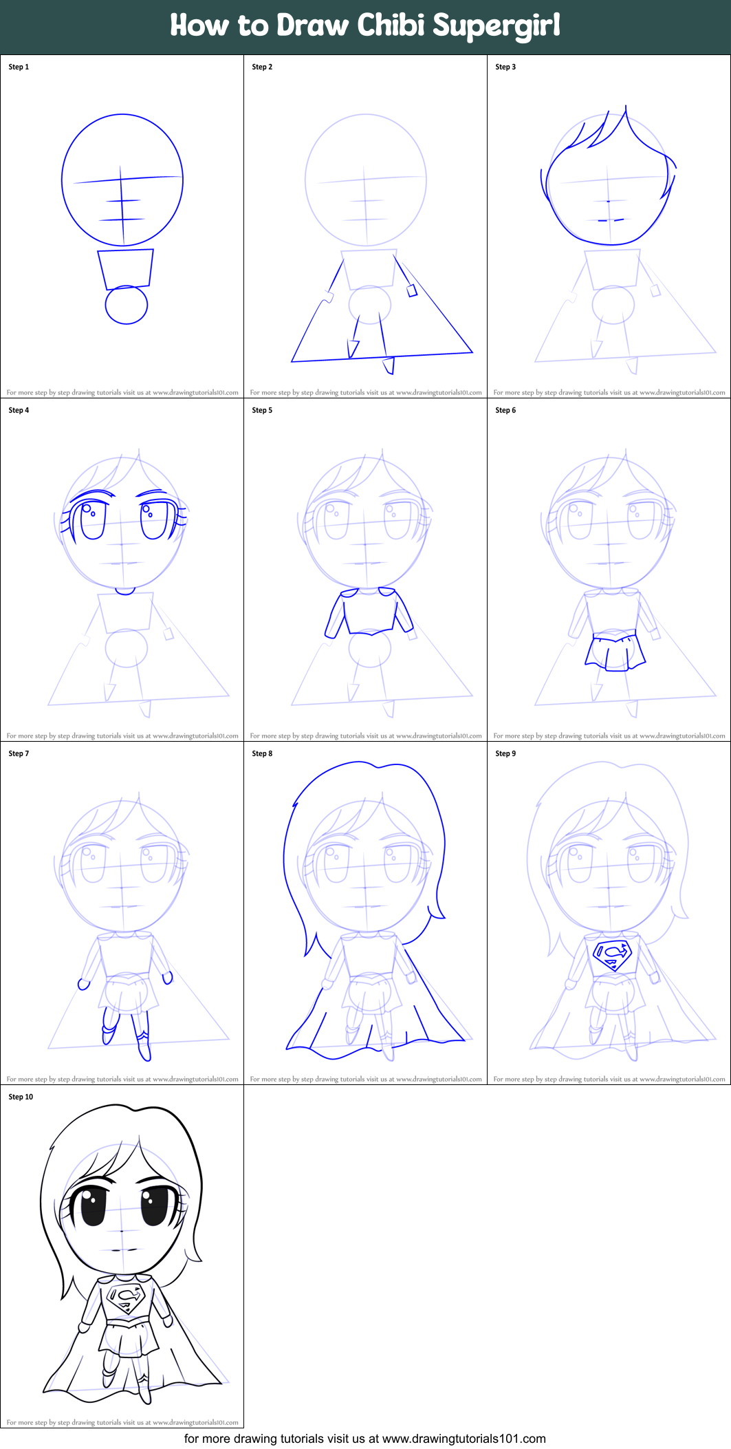 How to Draw Chibi Supergirl Printable Step by Step