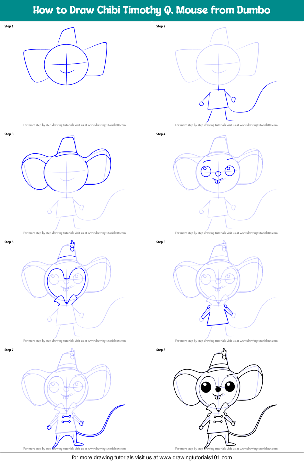 How to Draw Chibi Timothy Q. Mouse from Dumbo Printable Step by Step