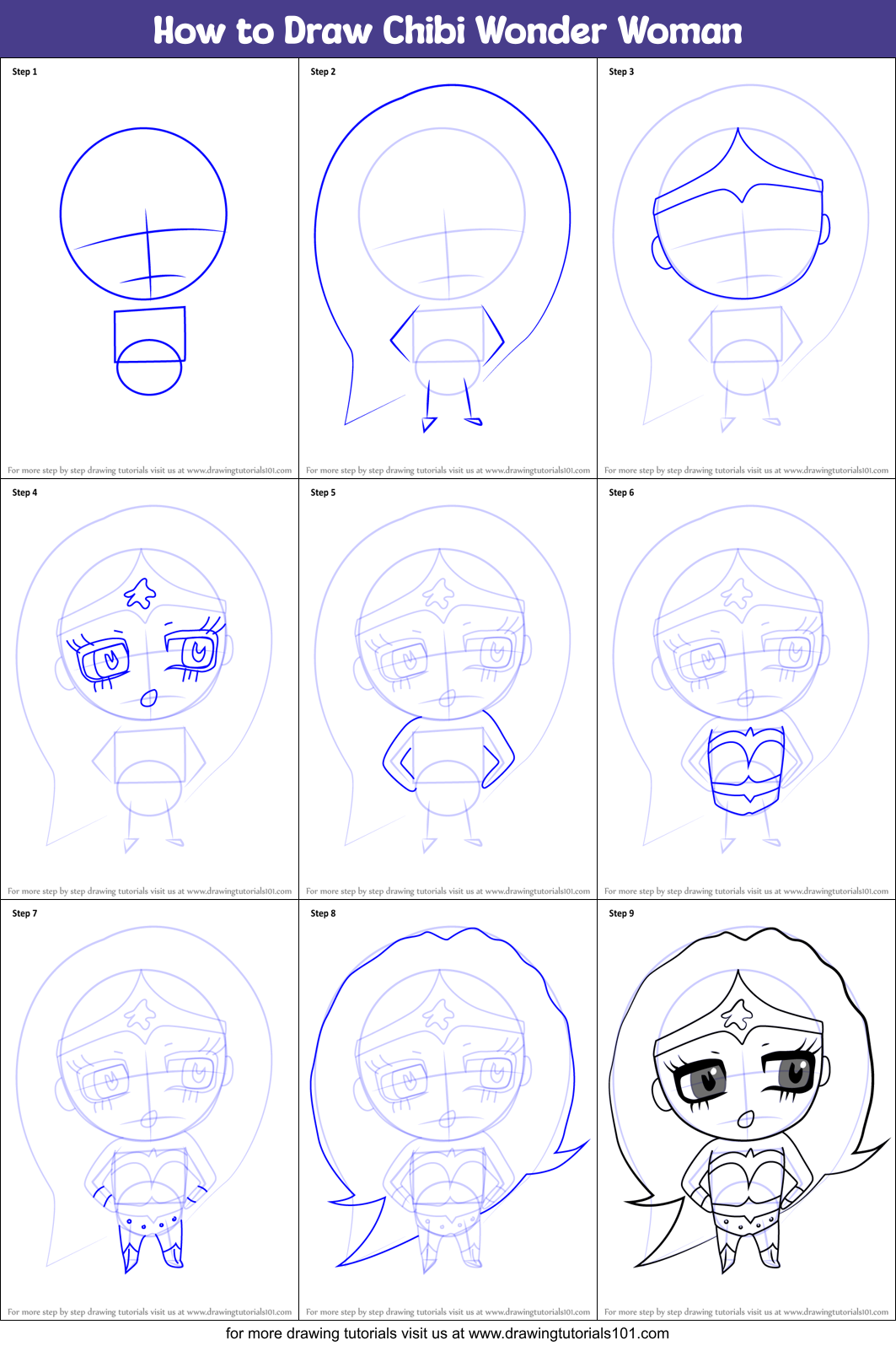 How to Draw Chibi Wonder Woman Printable Step by Step