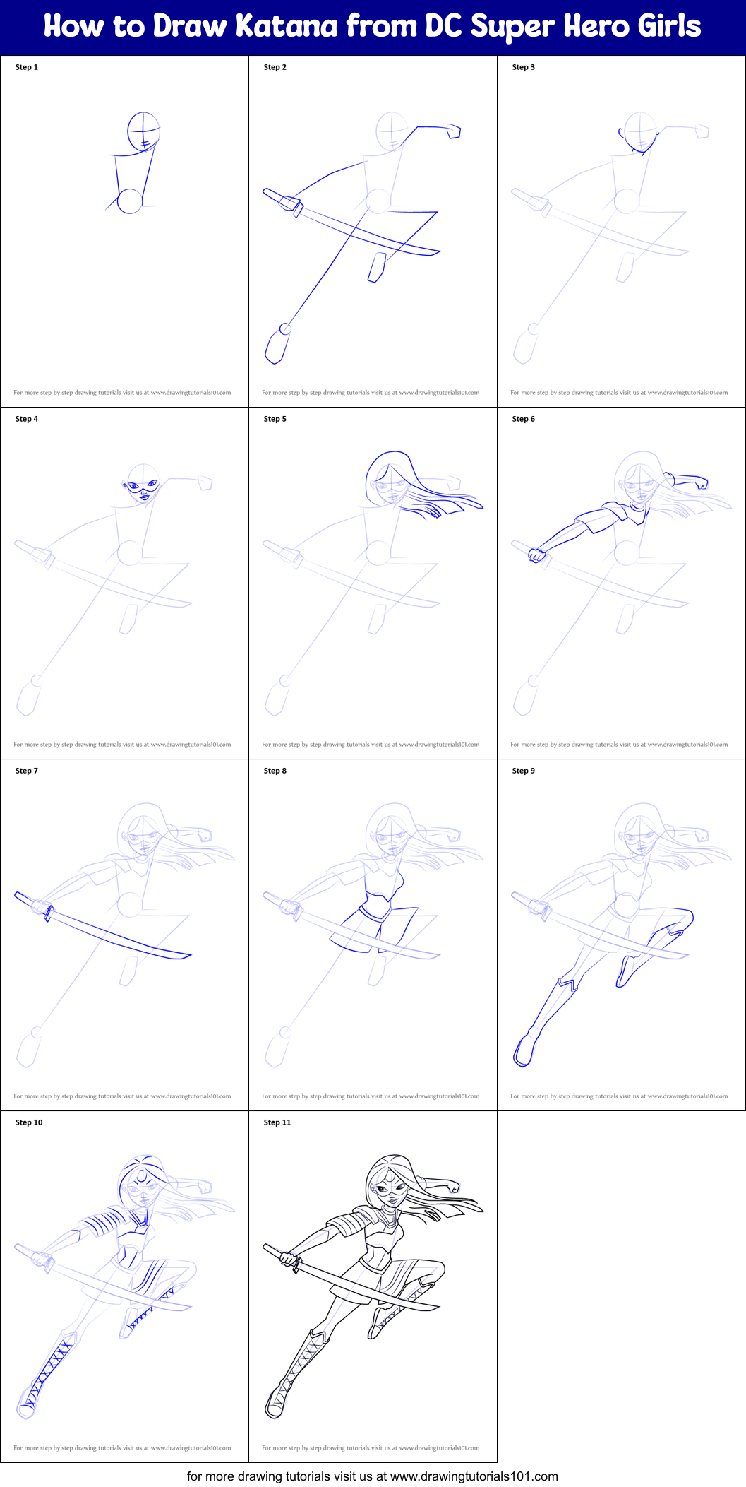 How to Draw Katana from DC Super Hero Girls Printable Step by Step