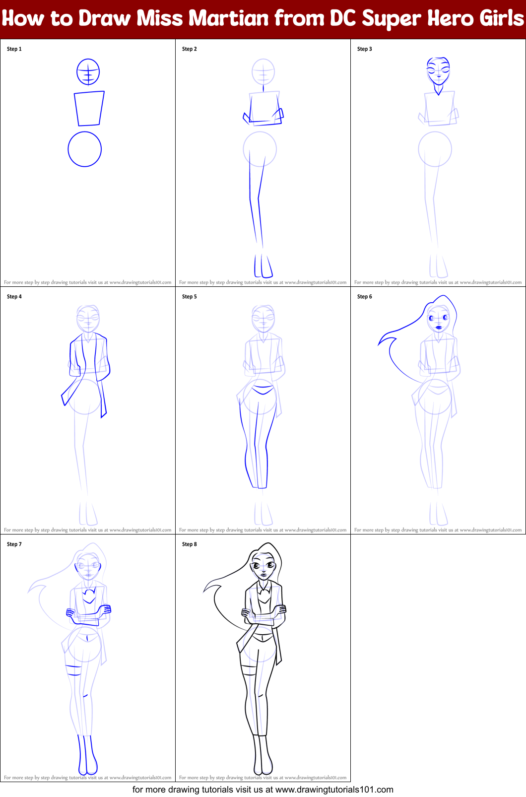 How to Draw Miss Martian from DC Super Hero Girls Printable Step by Step