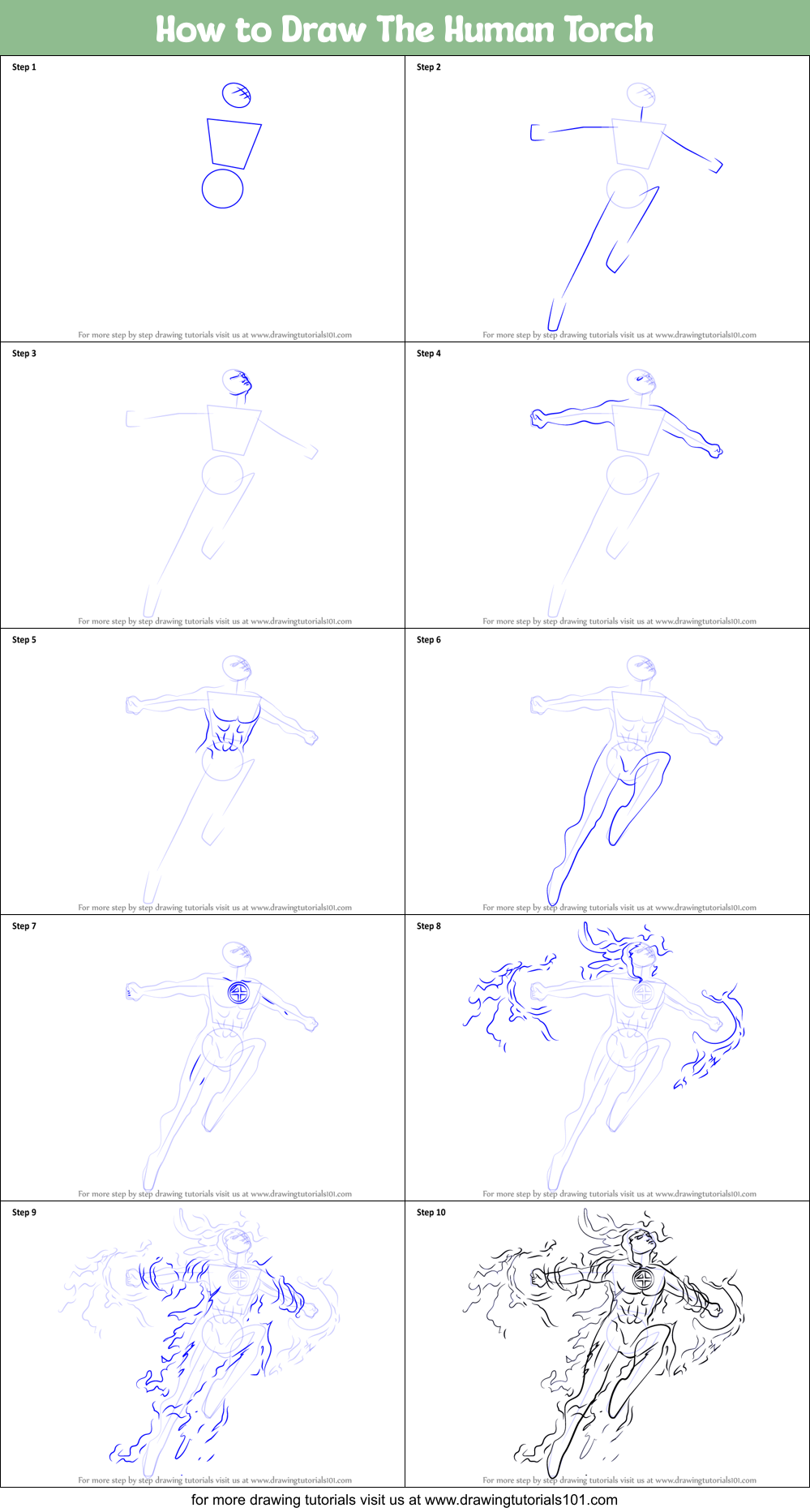 How to Draw The Human Torch Printable Step by Step