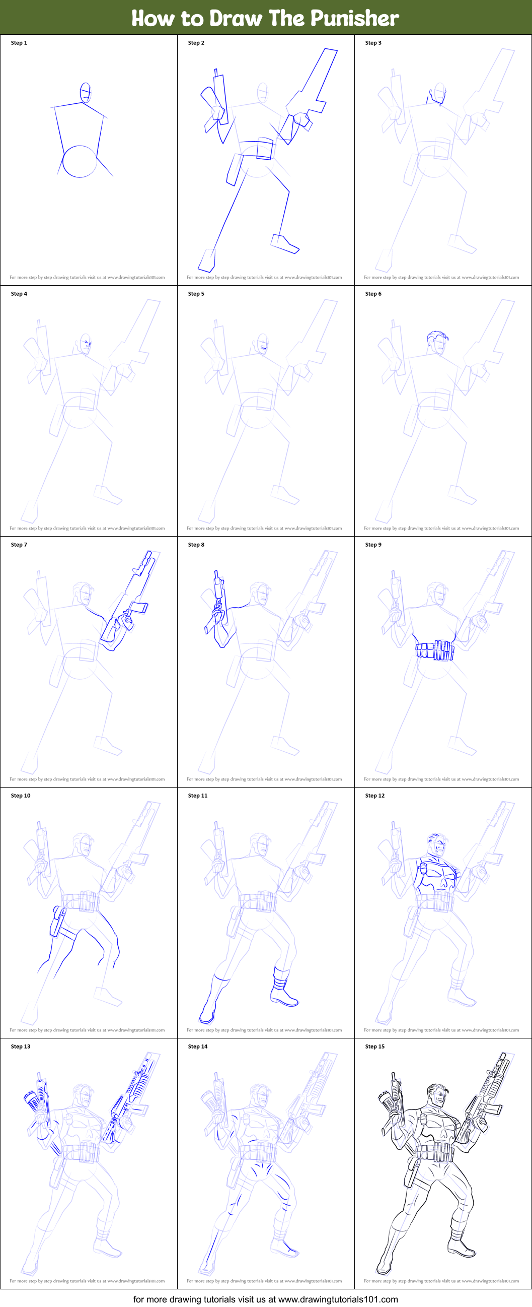 How to Draw The Punisher Printable Step by Step