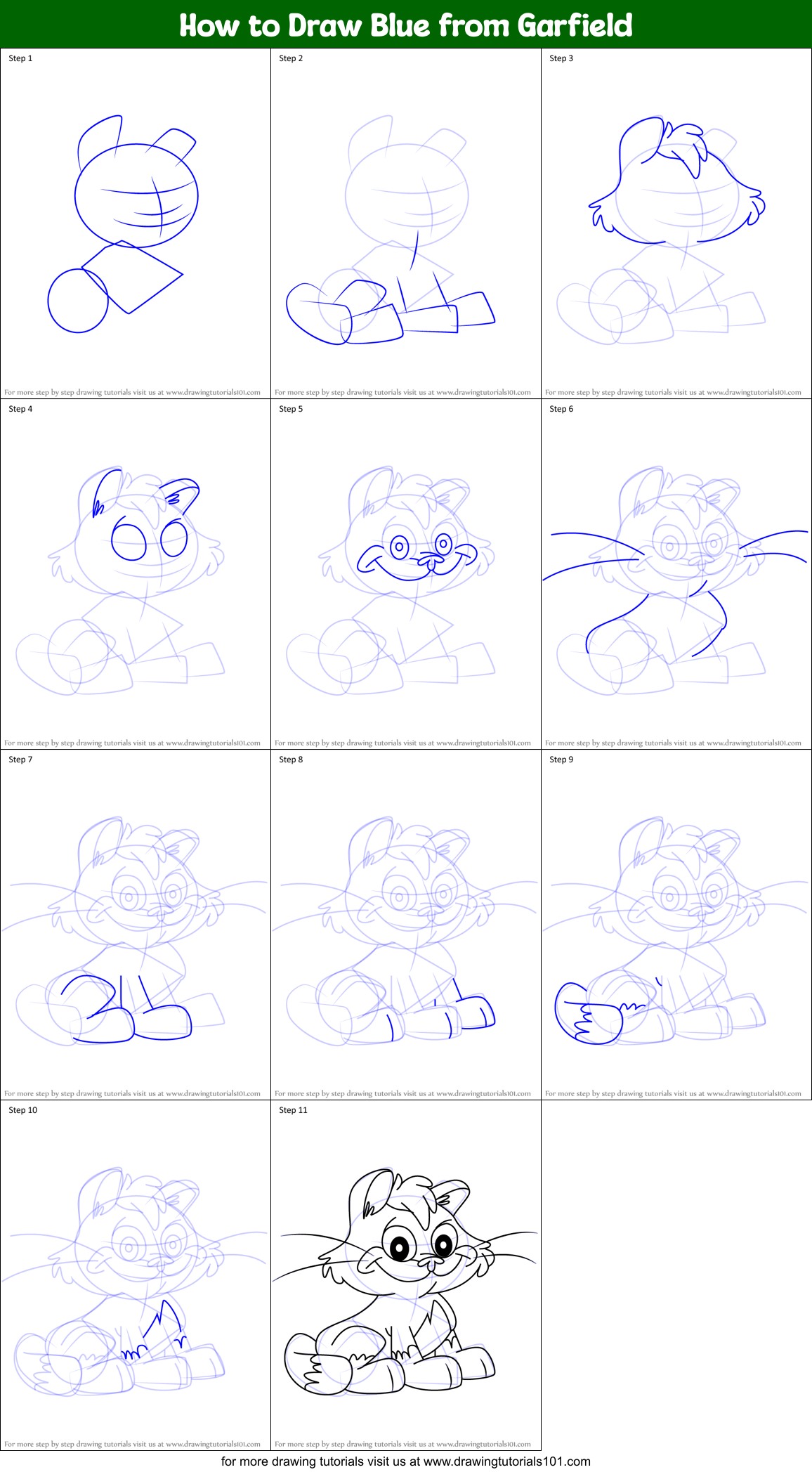 How to Draw Blue from Garfield Printable Step by Step
