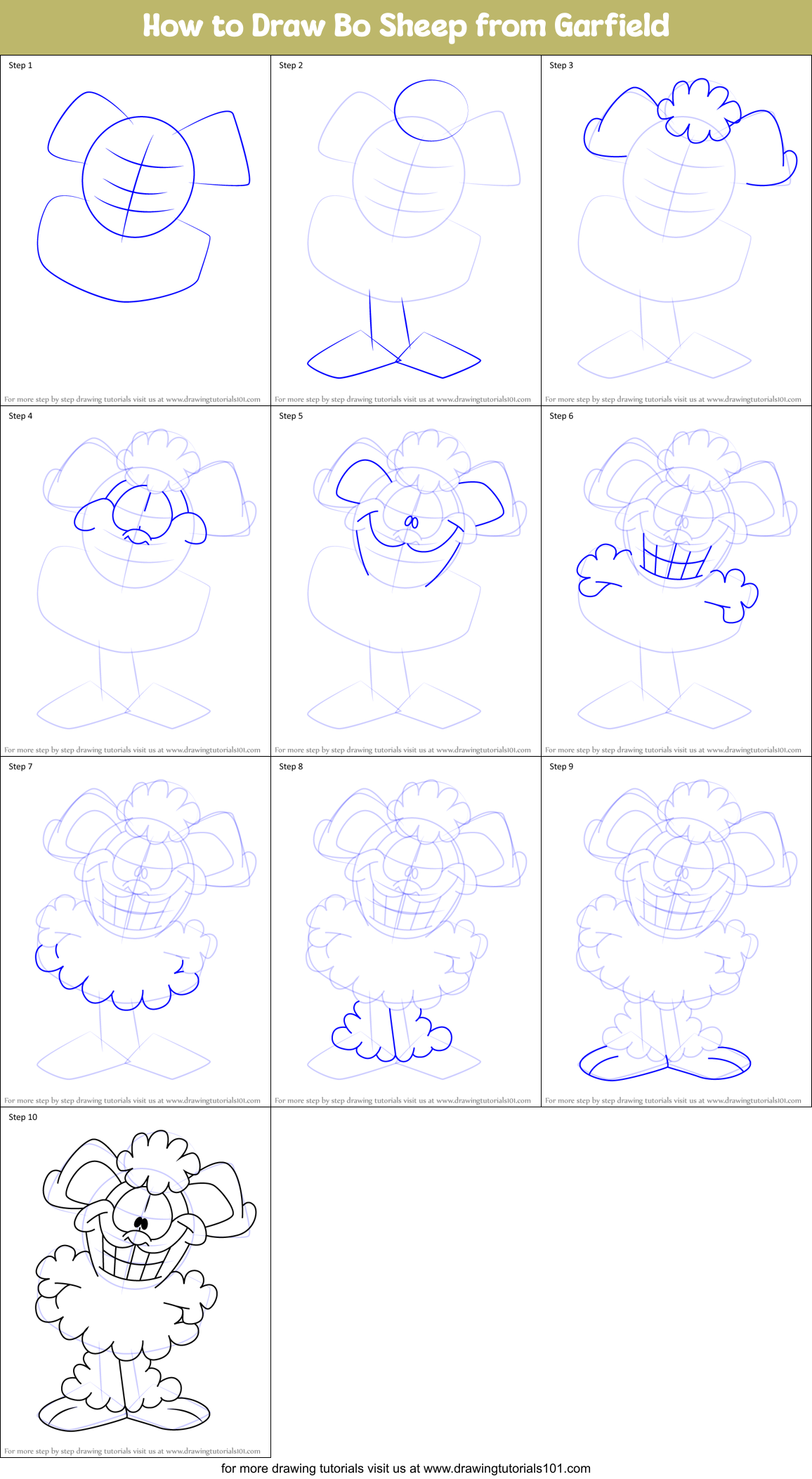 How to Draw Bo Sheep from Garfield Printable Step by Step