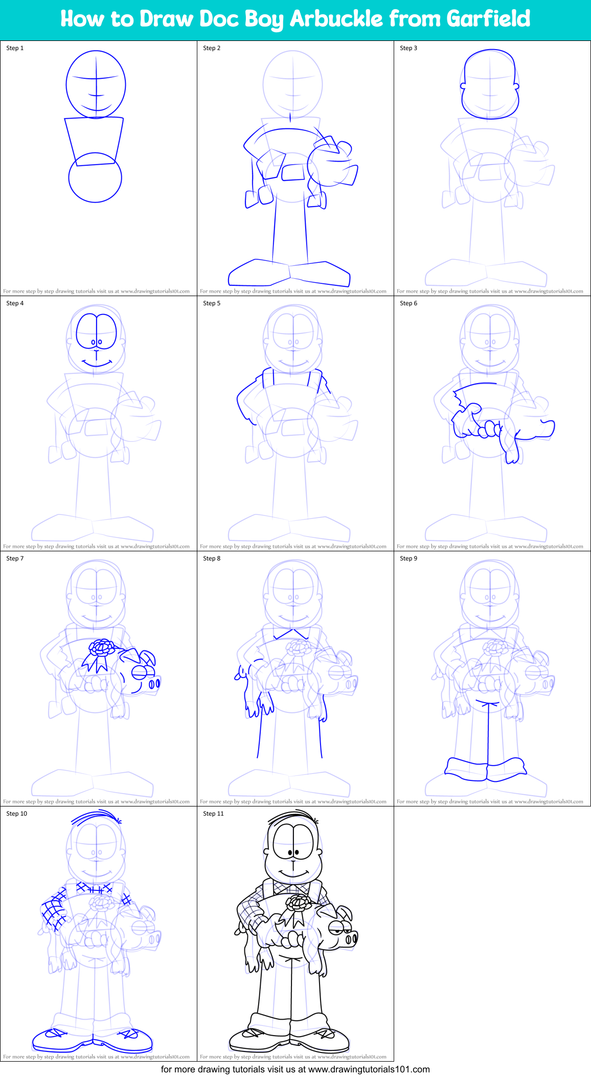 How to Draw Doc Boy Arbuckle from Garfield Printable Step by Step