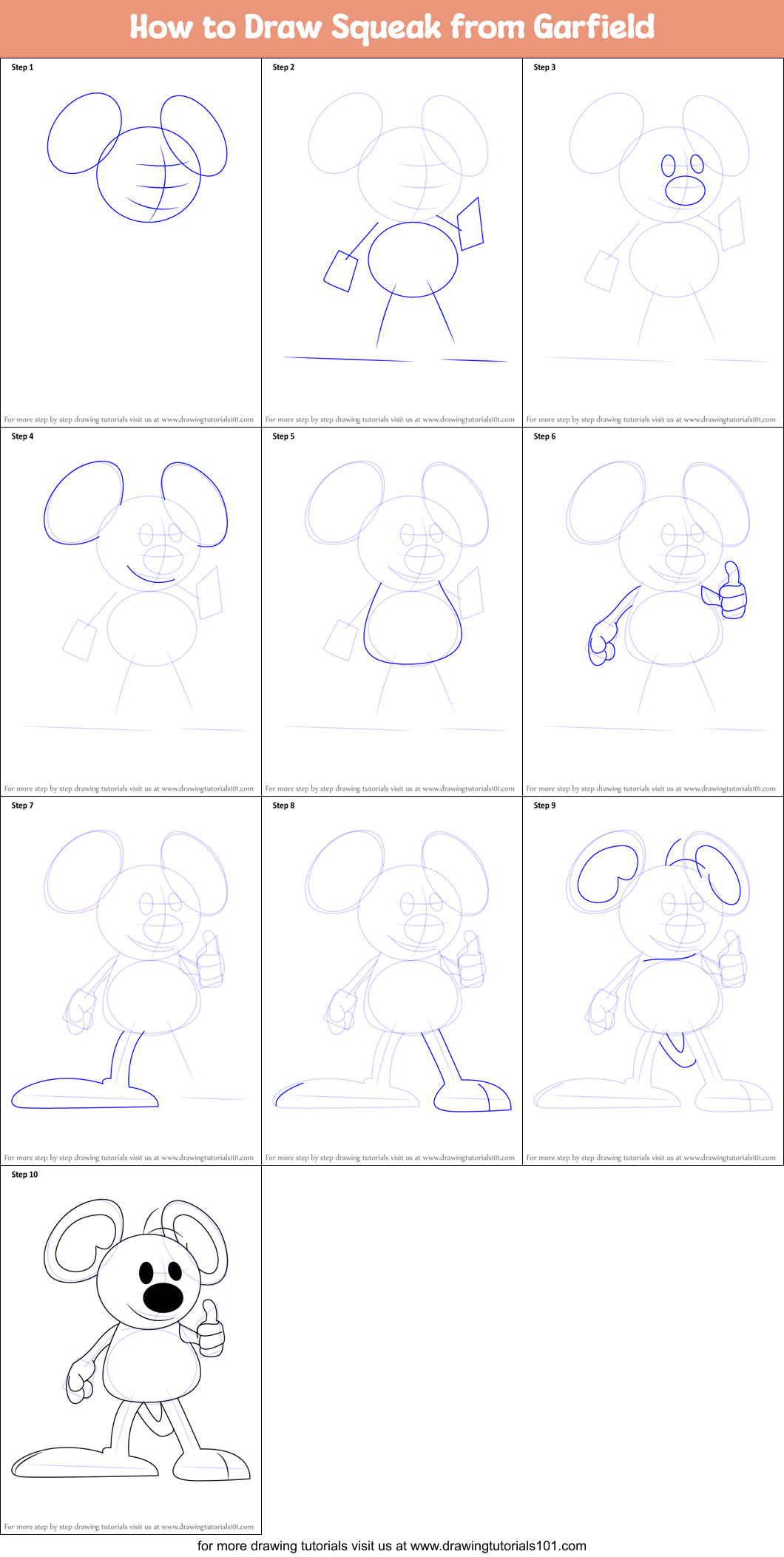 How to Draw Squeak from Garfield Printable Step by Step