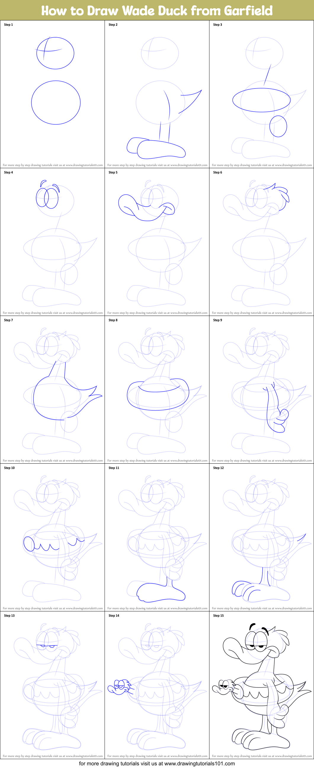 How to Draw Wade Duck from Garfield Printable Step by Step