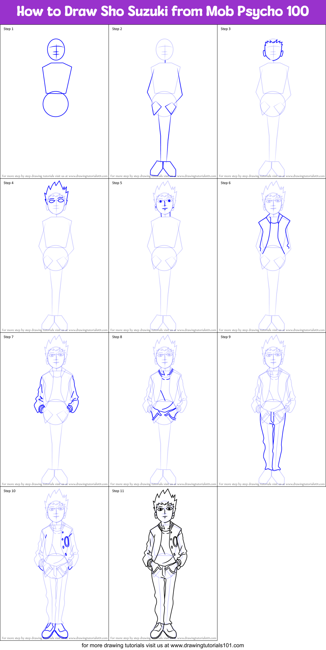 How to Draw Sho Suzuki from Mob Psycho 100 Printable Step by Step