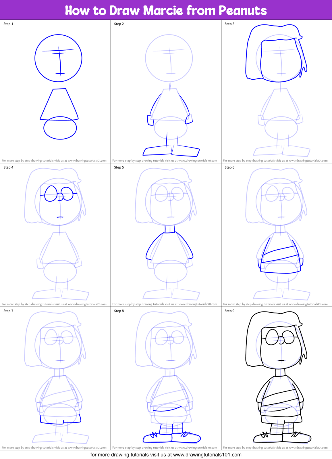 How to Draw Marcie from Peanuts Printable Step by Step