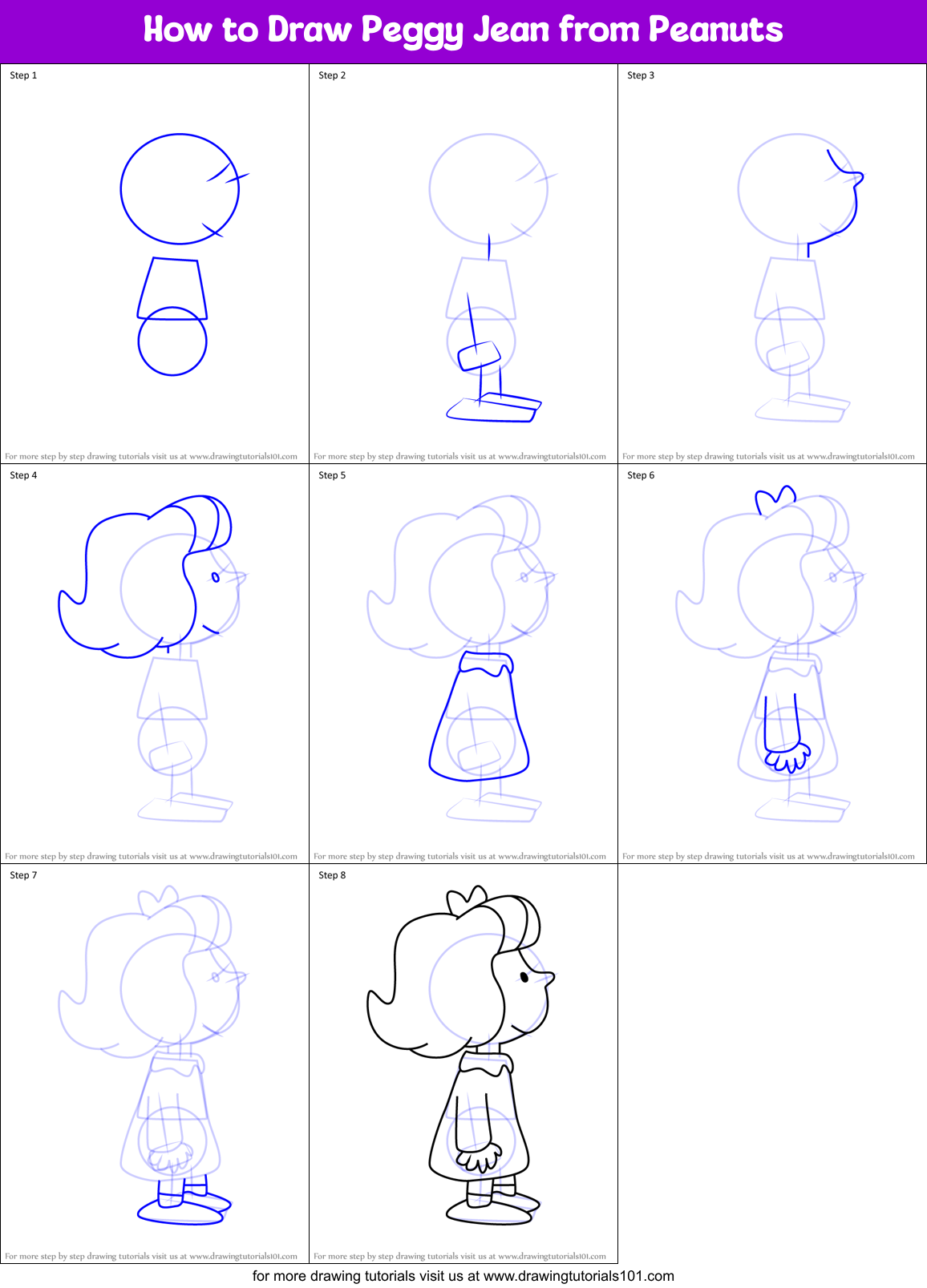 How to Draw Peggy Jean from Peanuts Printable Step by Step