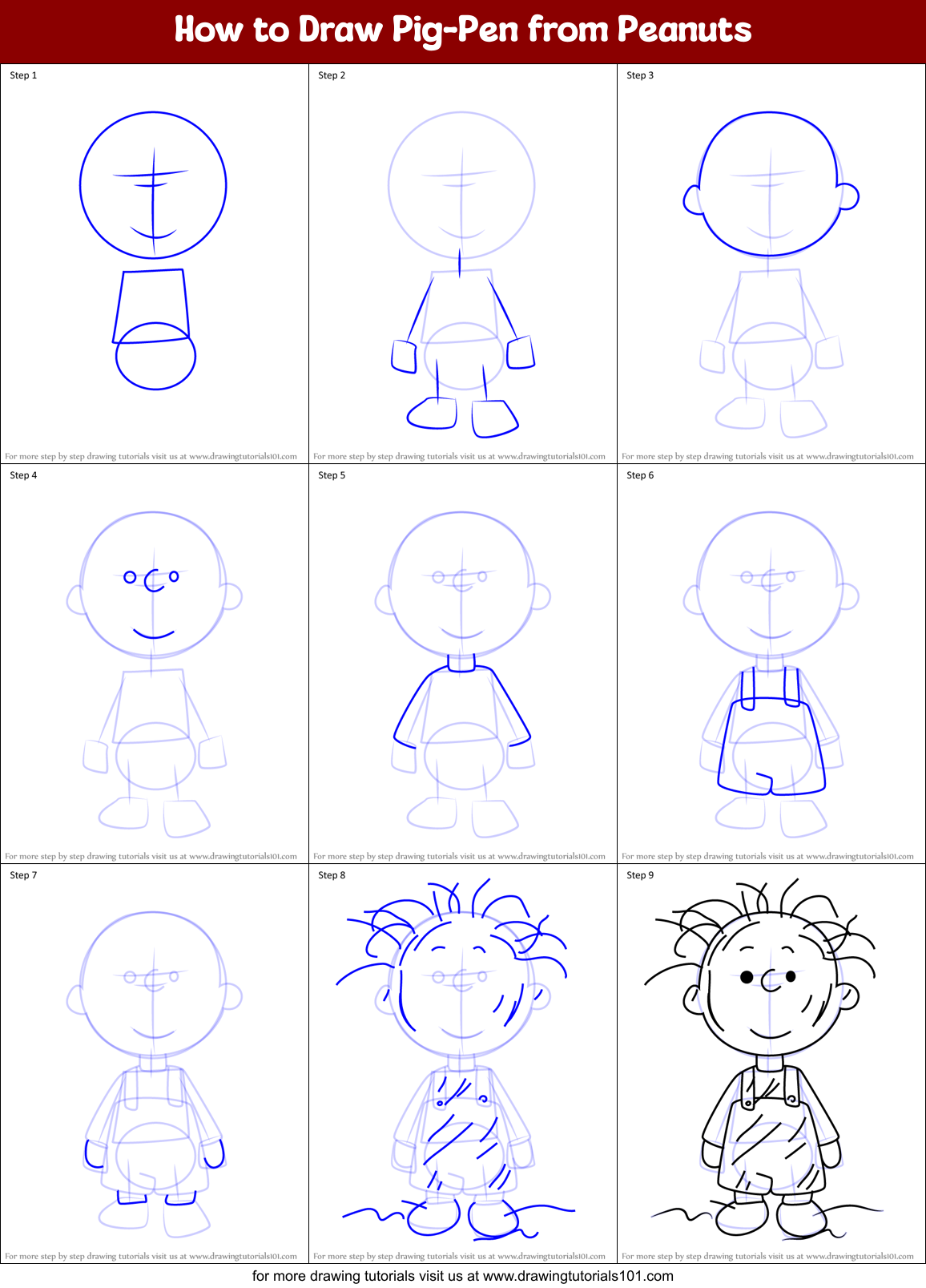 How to Draw Pig-Pen from Peanuts Printable Step by Step