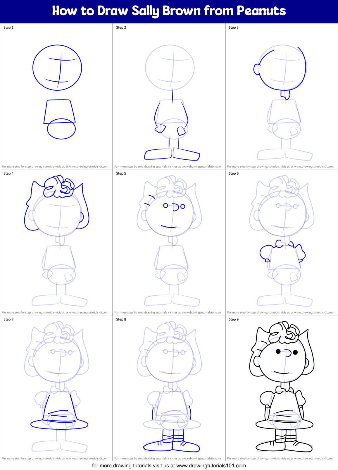 How to Draw Sally Brown from Peanuts Printable Step by Step