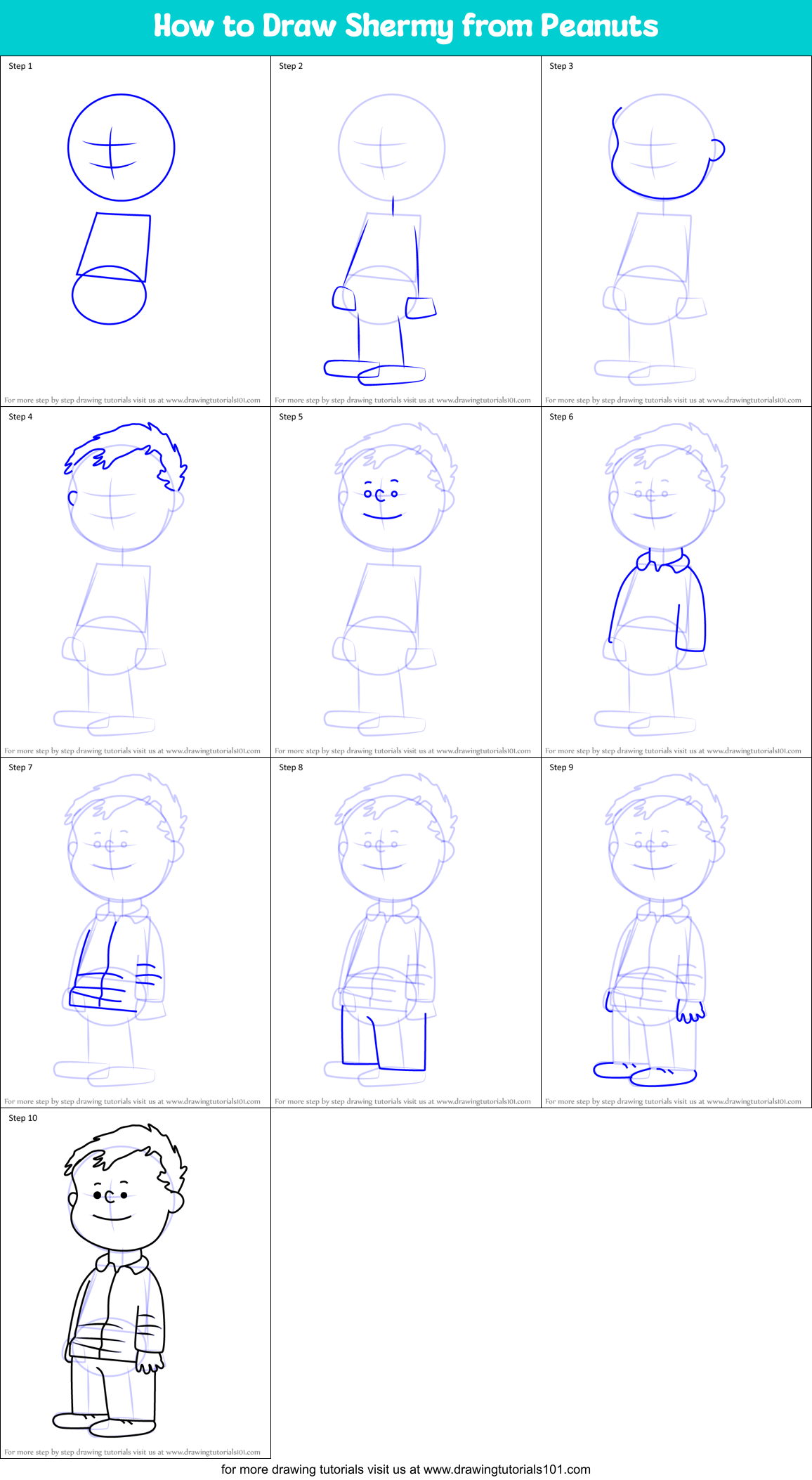 How to Draw Shermy from Peanuts Printable Step by Step