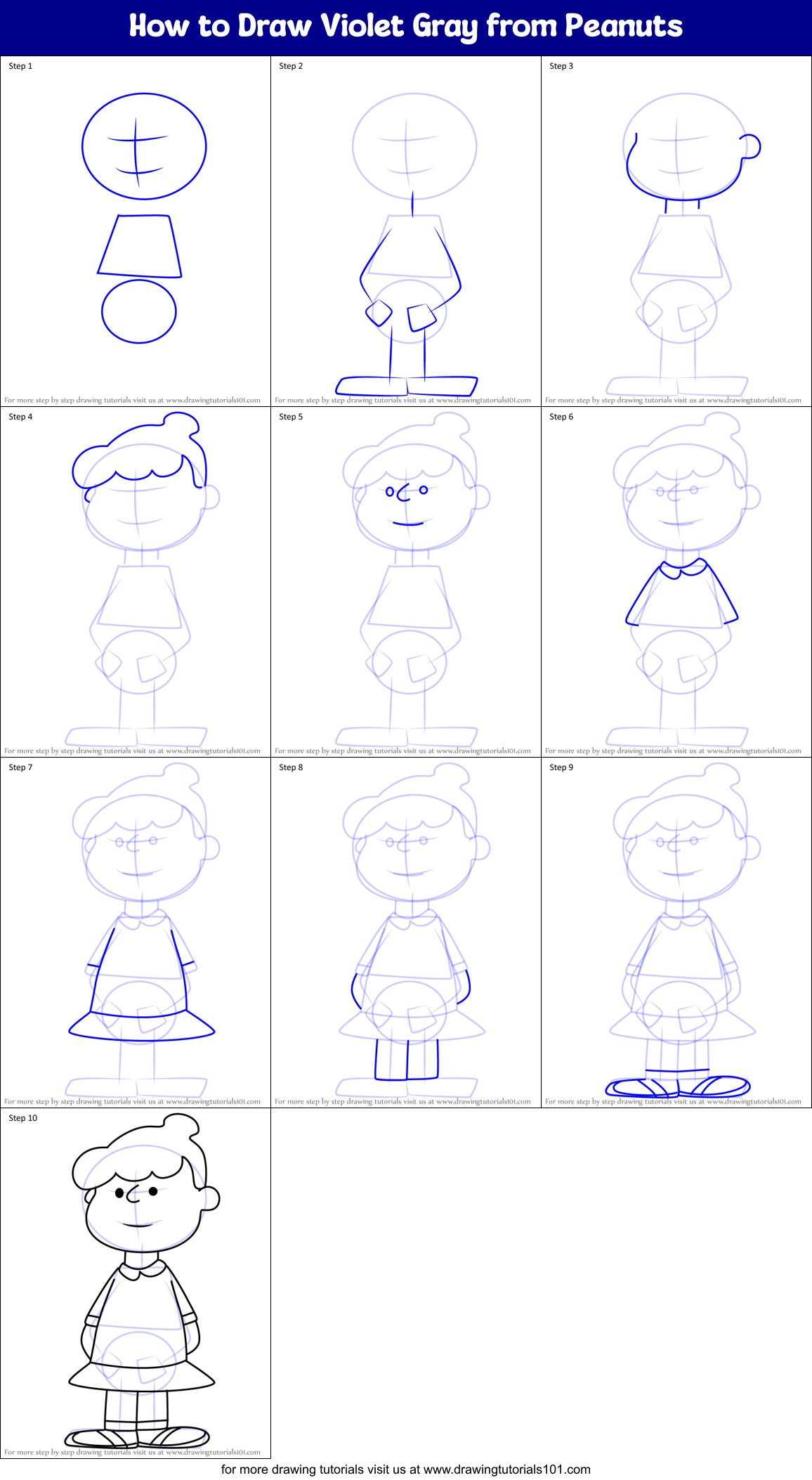 How to Draw Violet Gray from Peanuts Printable Step by Step