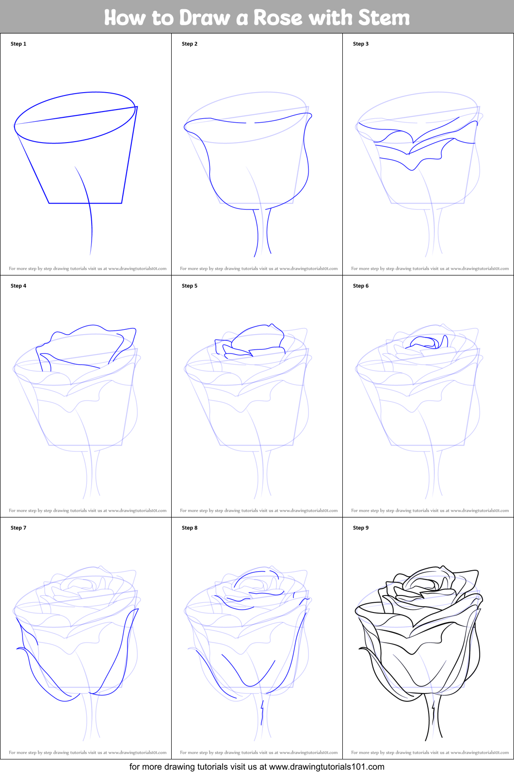 How to Draw a Rose with Stem Printable Step by Step