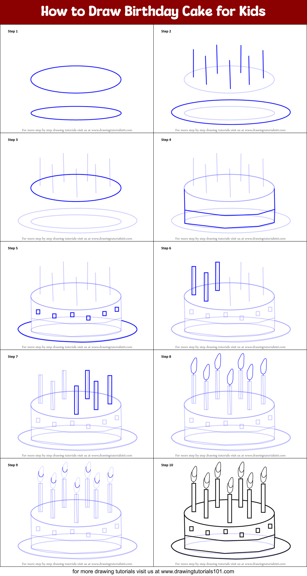 How to Draw Birthday Cake for Kids Printable Step by Step