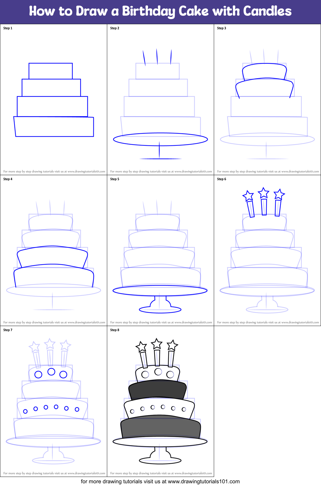 Download How to Draw a Birthday Cake with Candles printable step by step drawing sheet ...