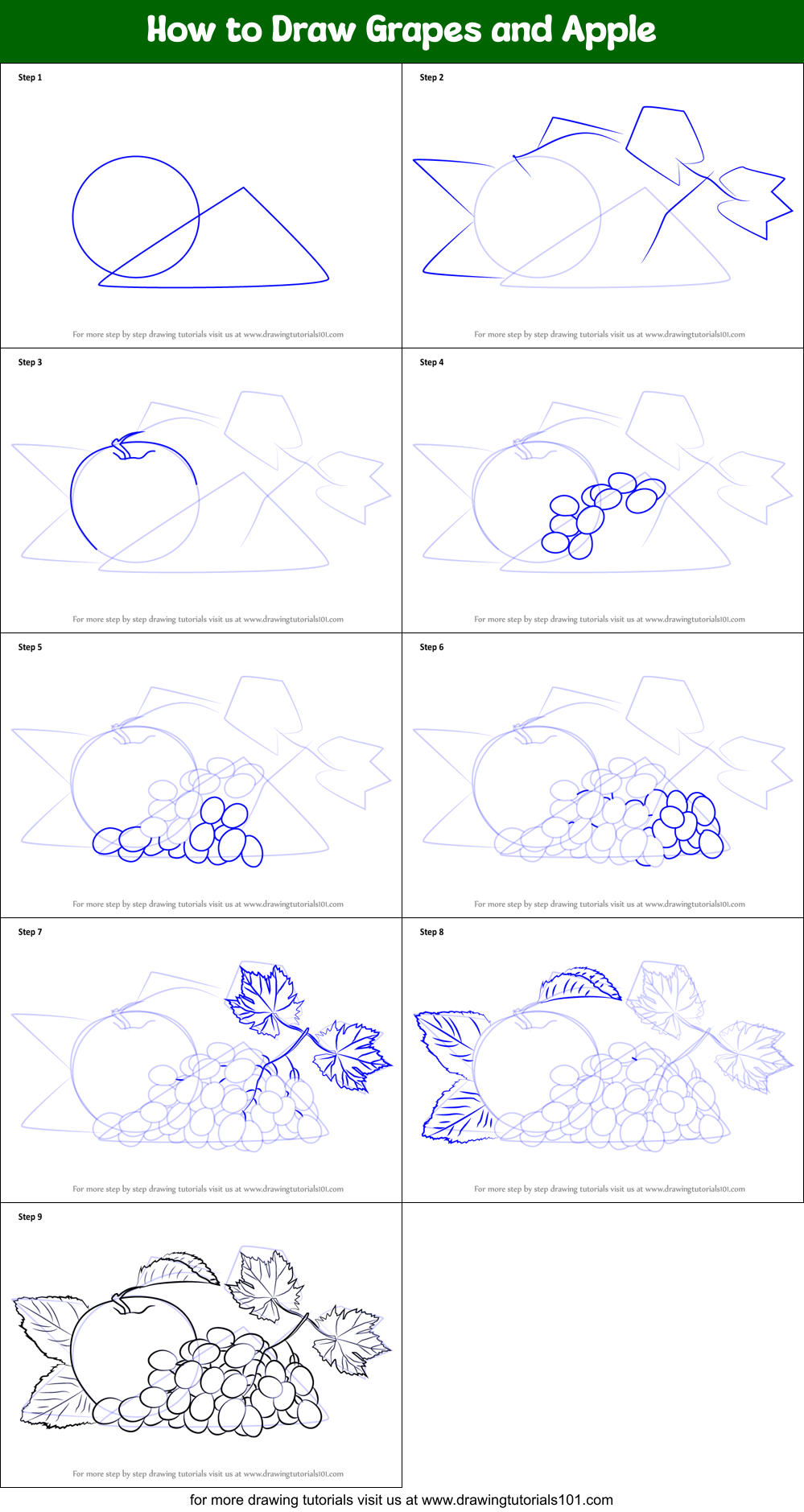 How to Draw Grapes and Apple Printable Step by Step