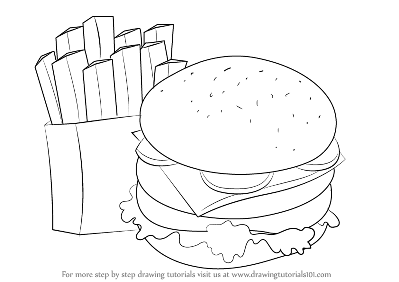 Learn How To Draw Hamburger And Fries Snacks Step By