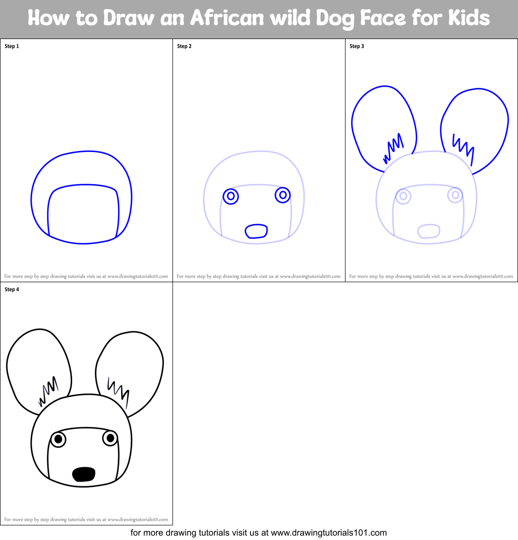 How to Draw an African wild Dog Face for Kids Printable Step by Step