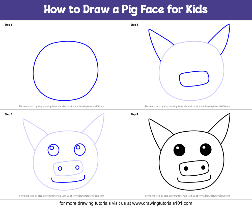 How to Draw a Pig Face for Kids Printable Step by Step