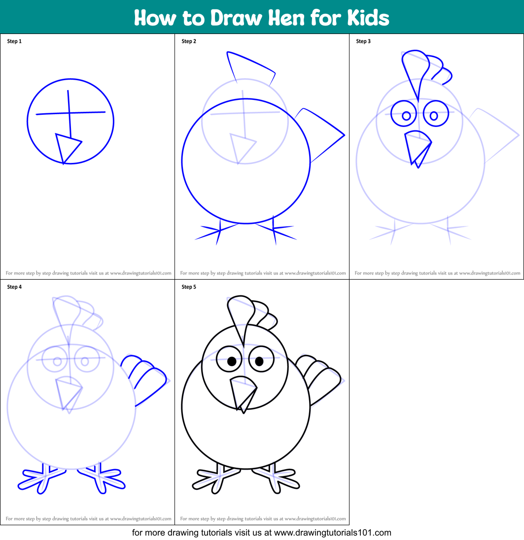 How to Draw Hen for Kids Printable Step by Step