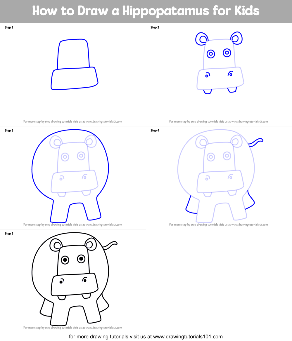 How to Draw a Hippopatamus for Kids Printable Step by Step