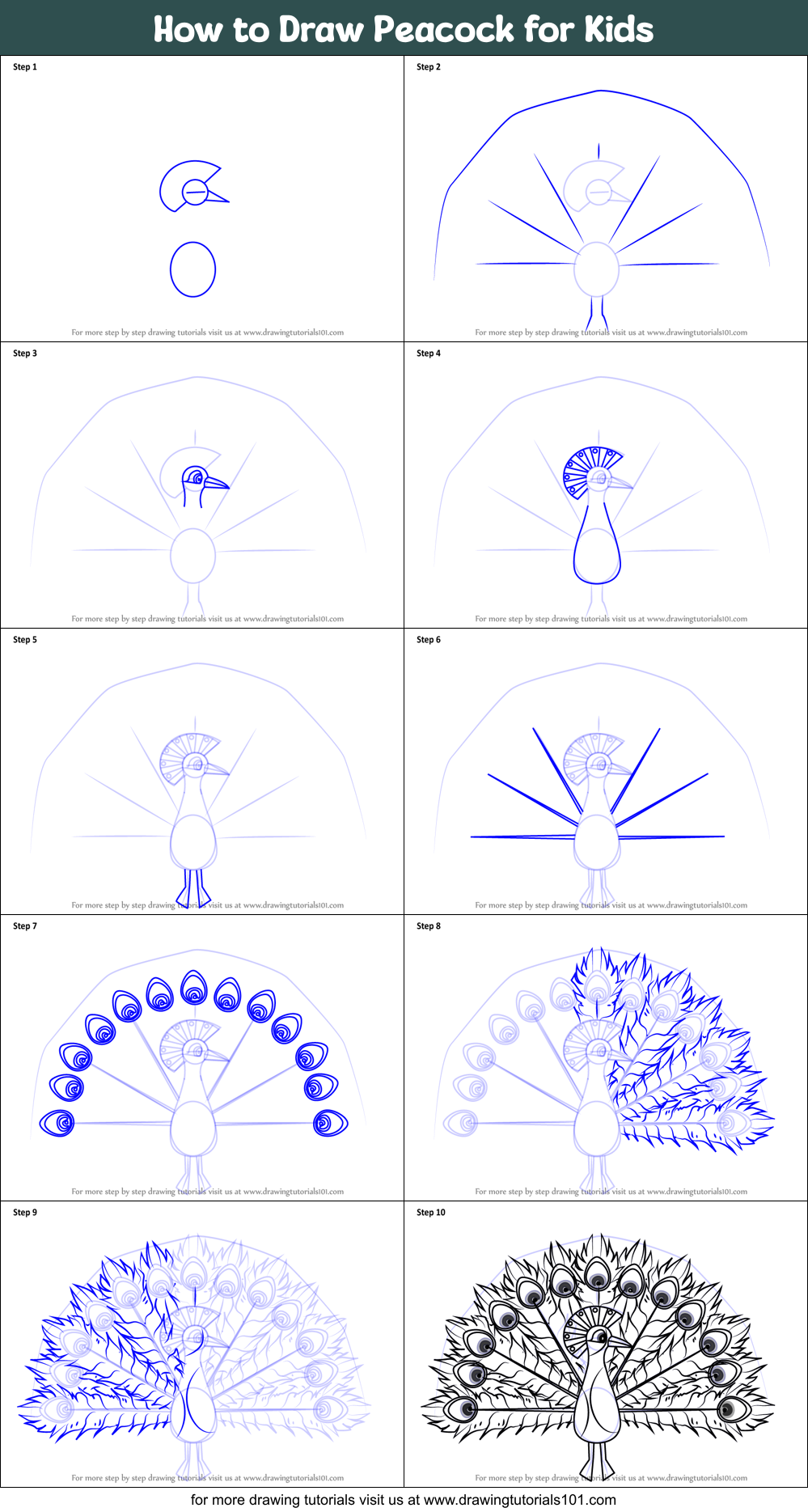 How to Draw Peacock for Kids Printable Step by Step