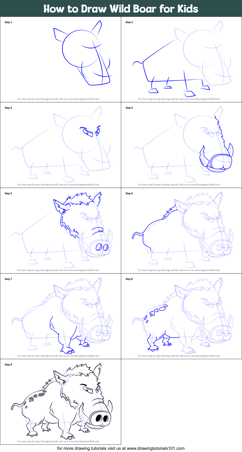 How to Draw Wild Boar for Kids Printable Step by Step