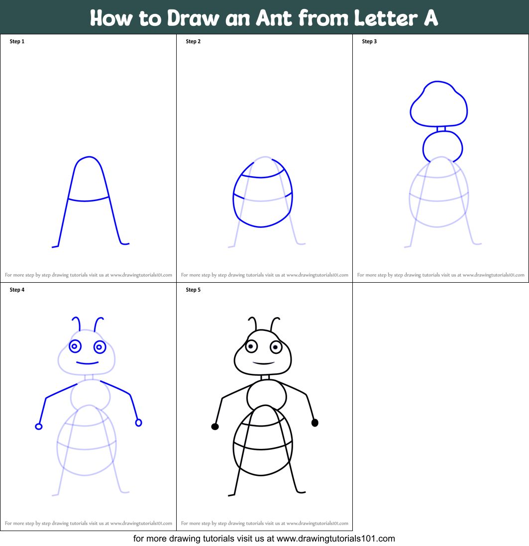 How to Draw an Ant from Letter A Printable Step by Step