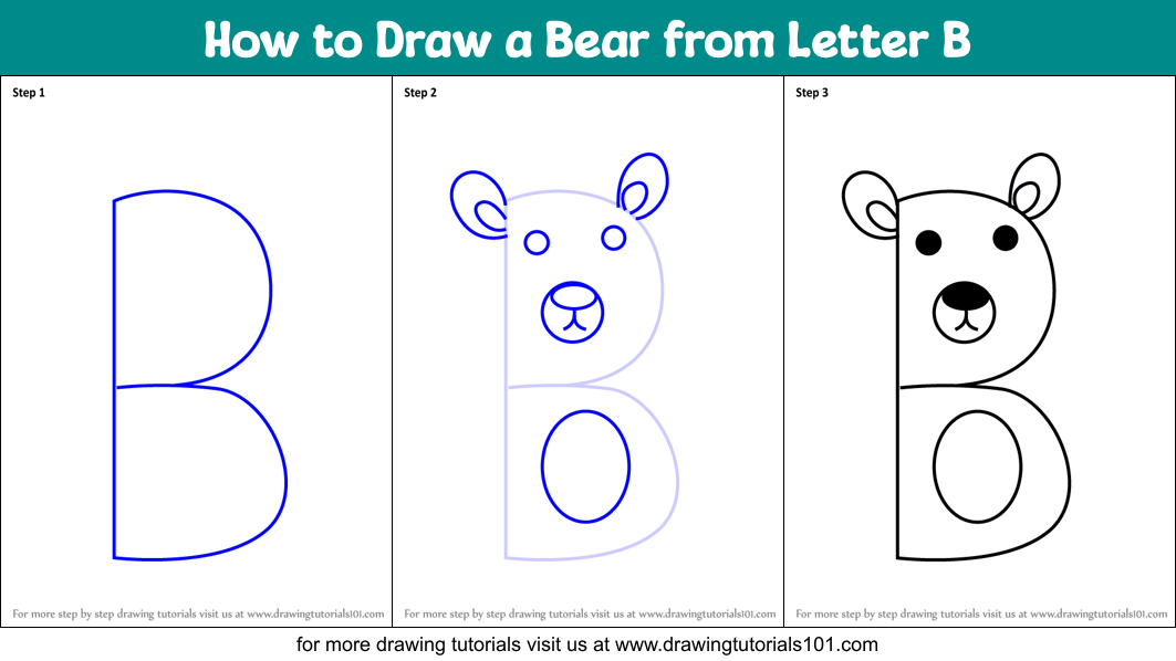 How to Draw a Bear from Letter B Printable Step by Step