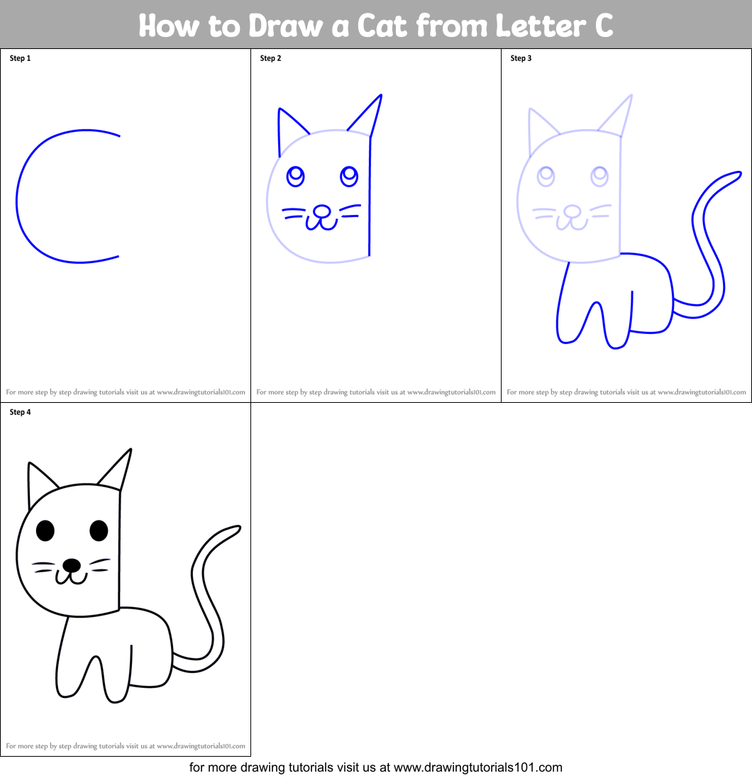 How to Draw a Cat from Letter C Printable Step by Step