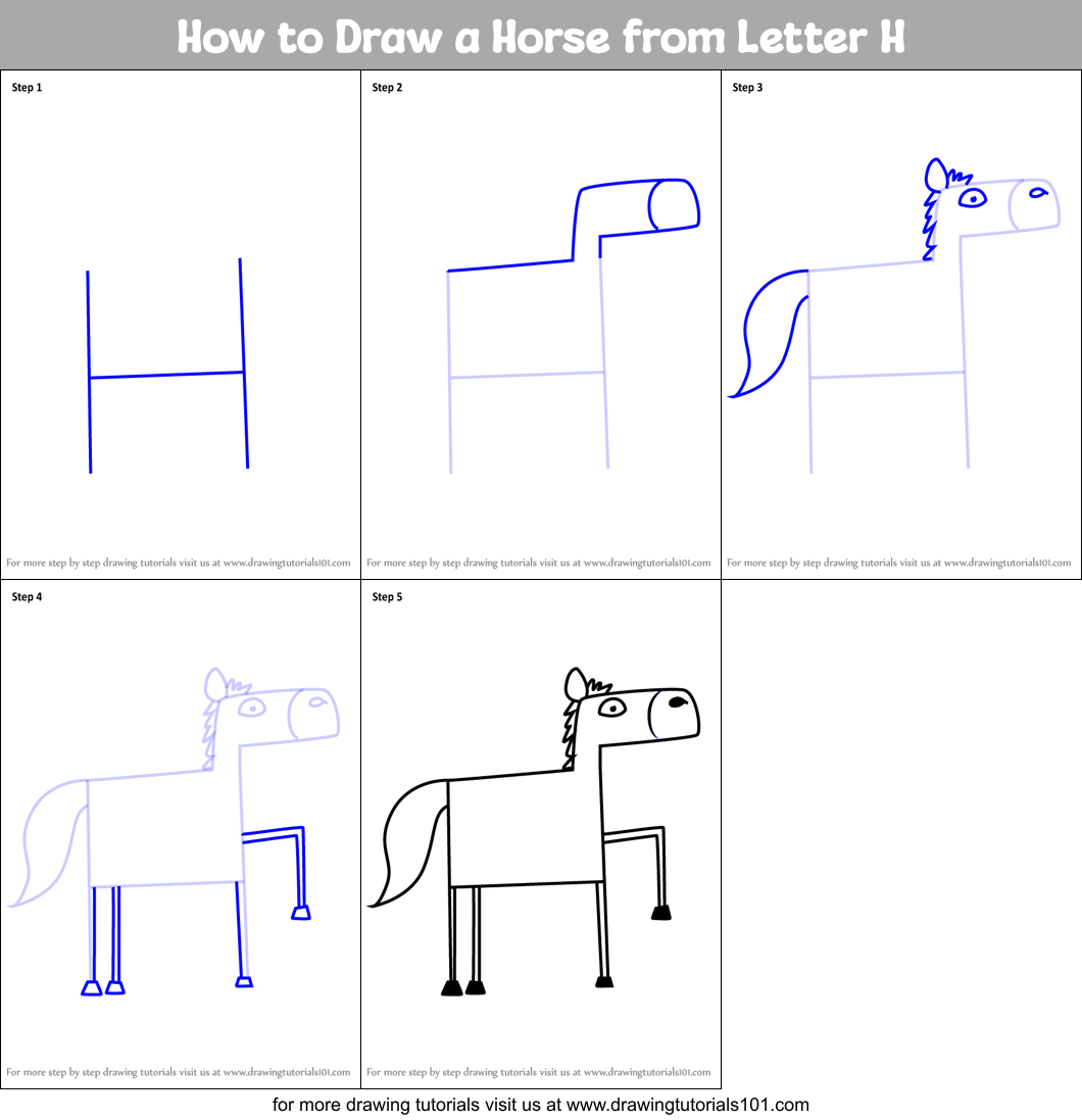 How to Draw a Horse from Letter H Printable Step by Step