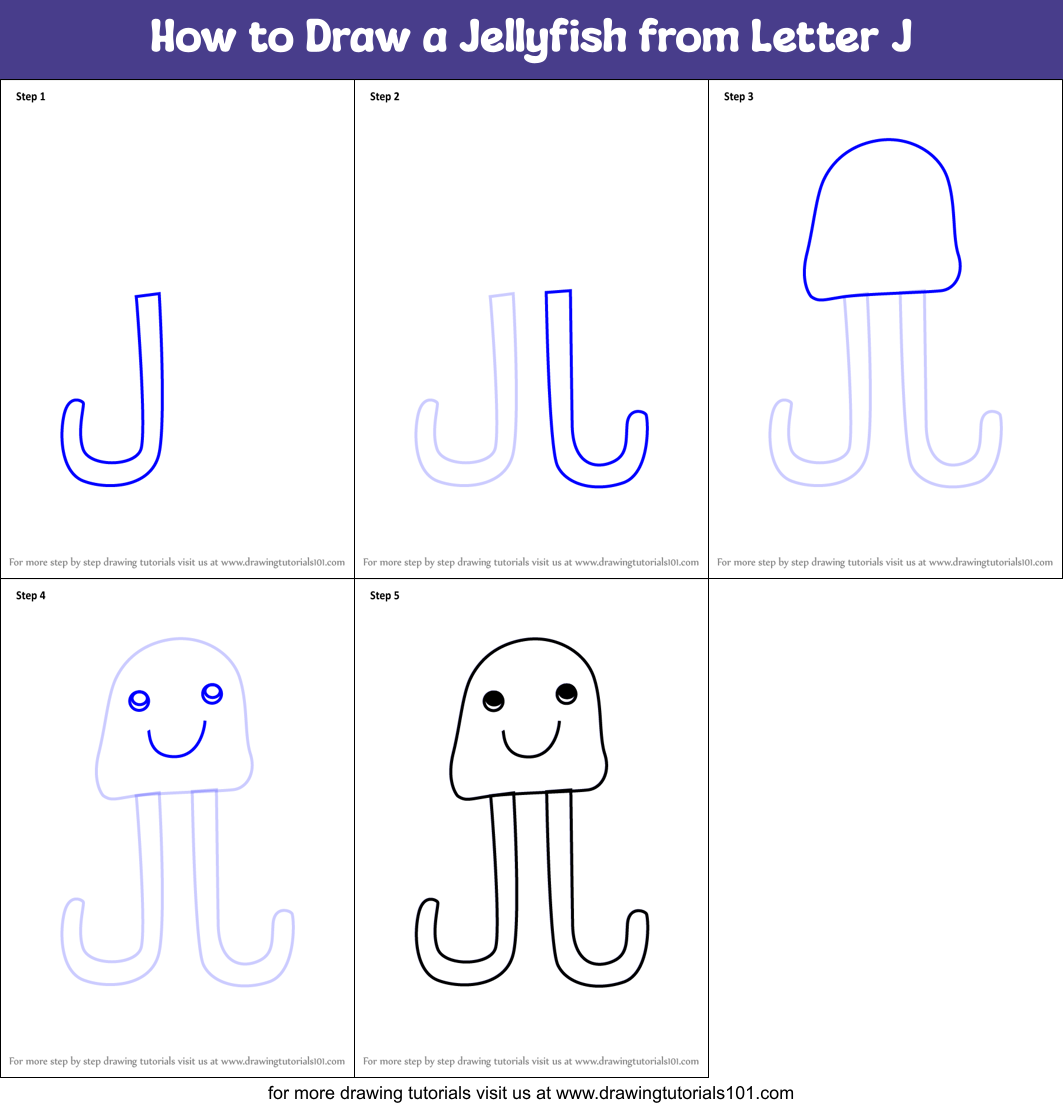 How to Draw a Jellyfish from Letter J Printable Step by Step