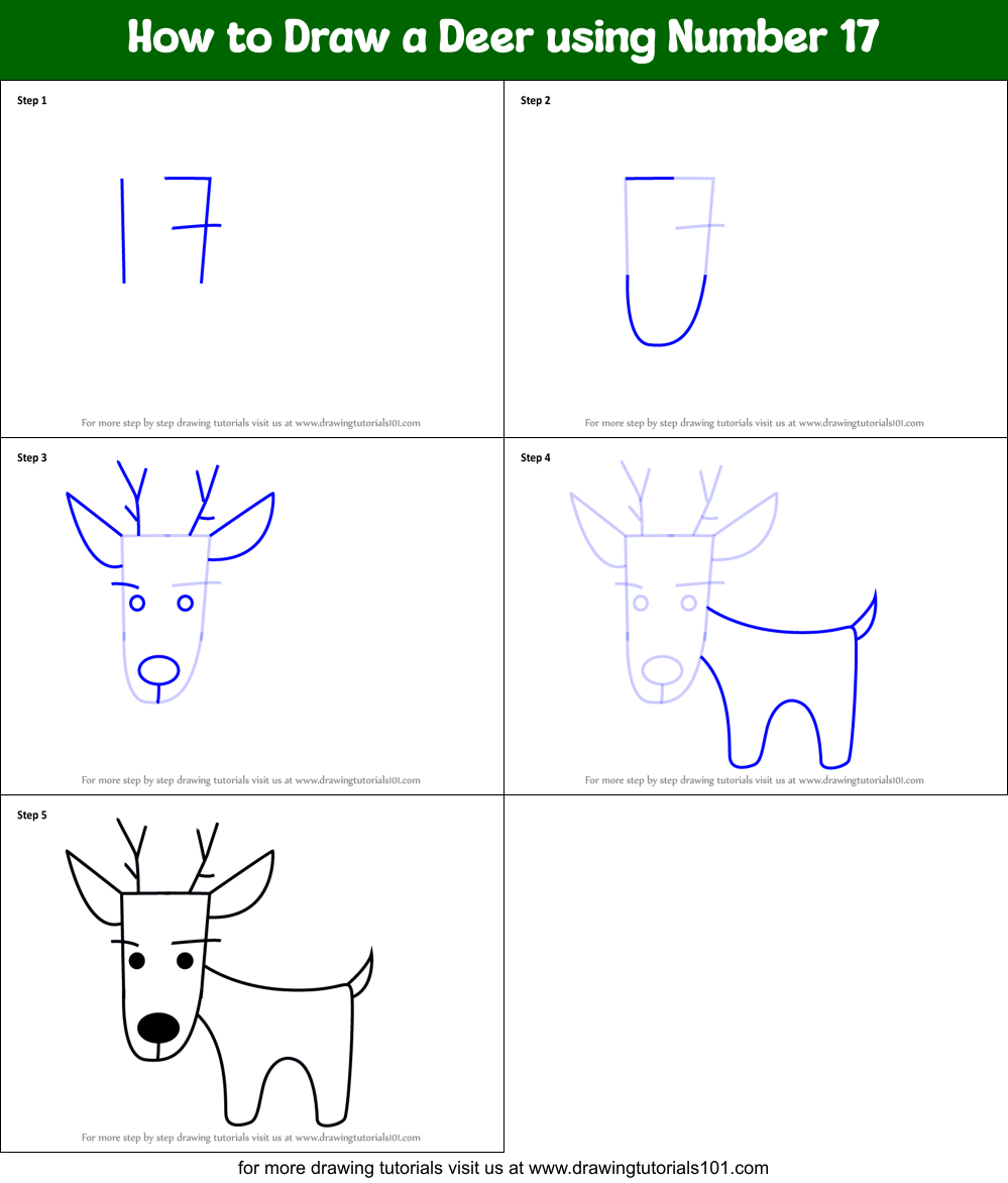 How to Draw a Deer using Number 17 Printable Step by Step