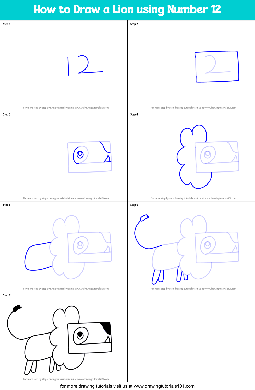 How to Draw a Lion using Number 12 Printable Step by Step