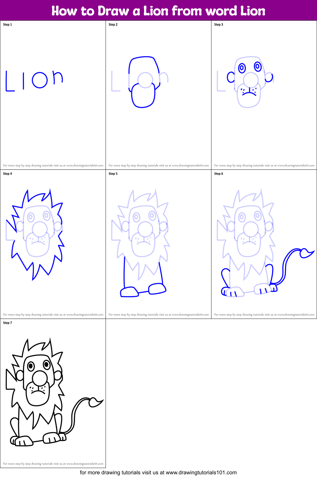 How to Draw a Lion from word Lion Printable Step by Step