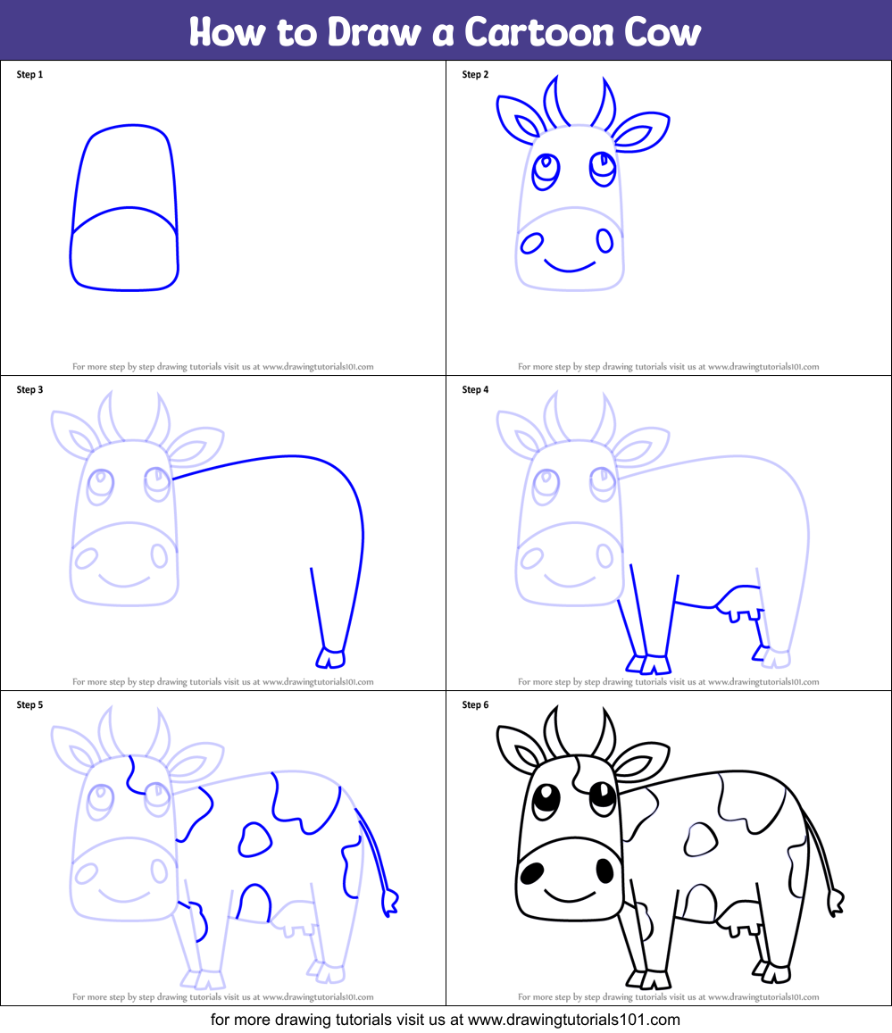 How to Draw a Cartoon Cow Printable Step by Step