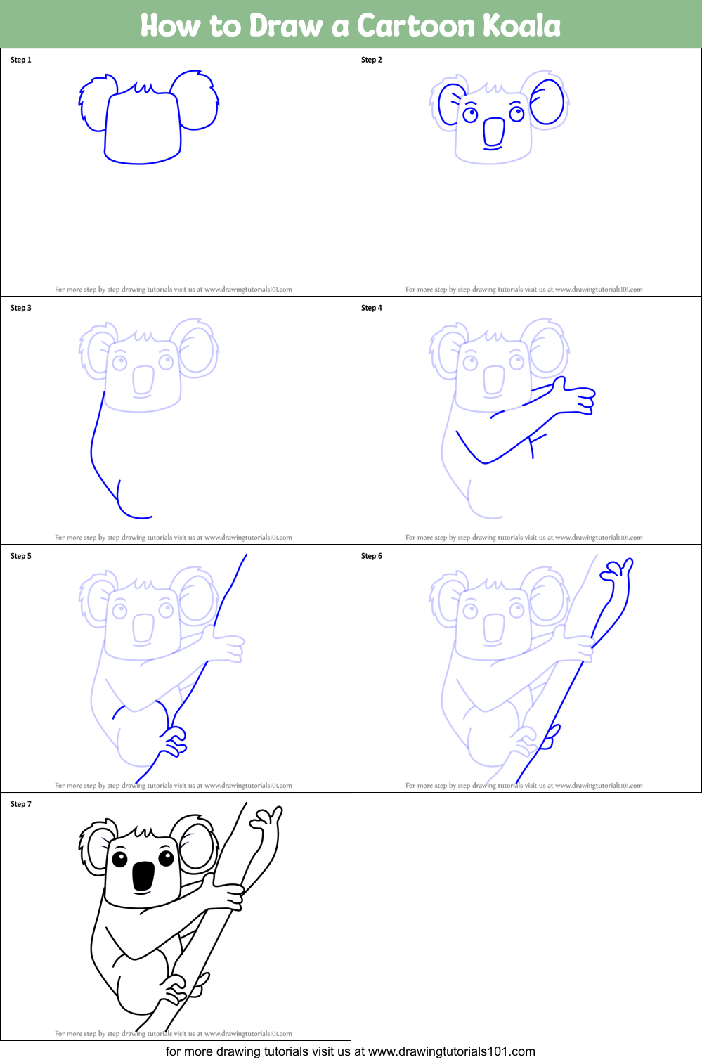 How to Draw a Cartoon Koala printable step by step drawing sheet :  