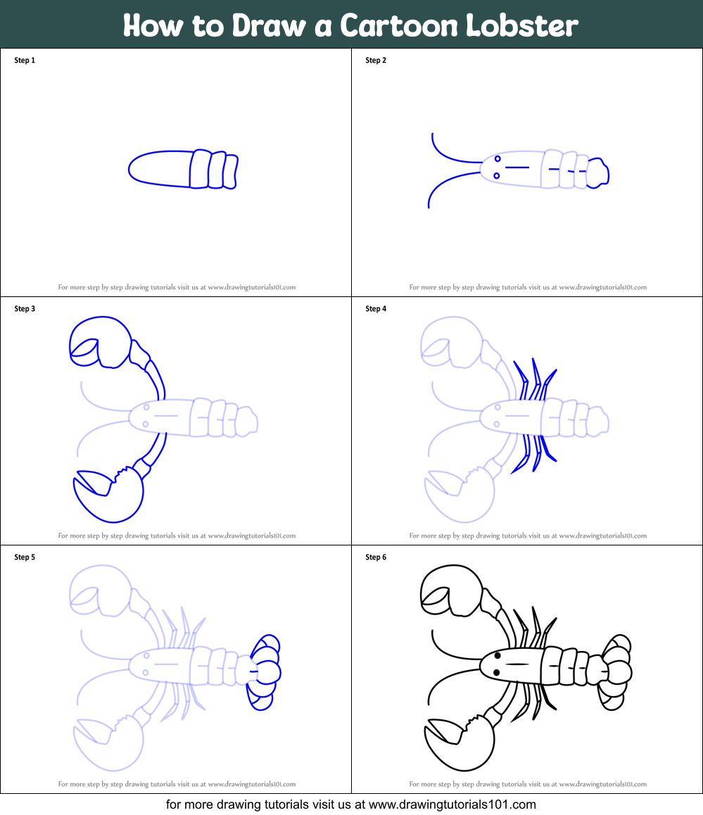 How to Draw a Cartoon Lobster printable step by step drawing sheet 