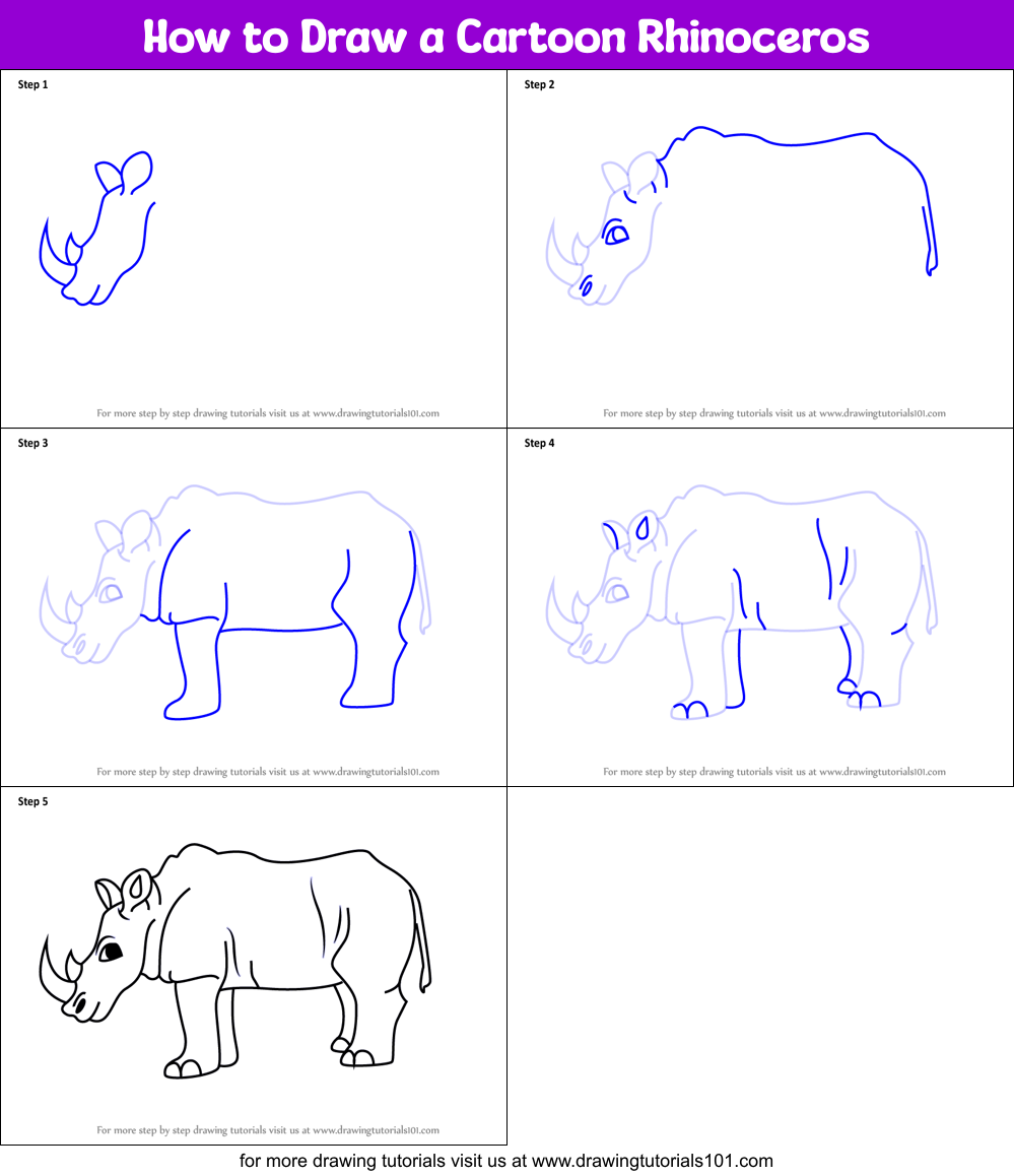 How to Draw a Cartoon Rhinoceros Printable Step by Step