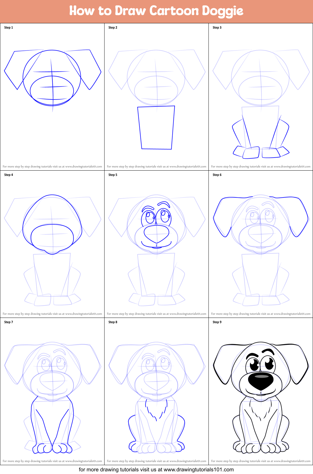 How to Draw Cartoon Doggie Printable Step by Step