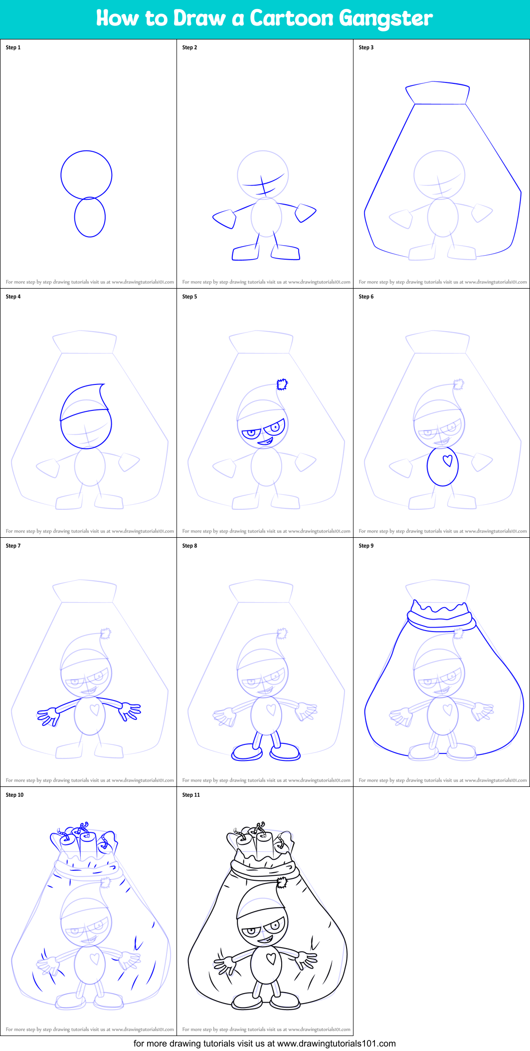 How to Draw a Cartoon Gangster Printable Step by Step