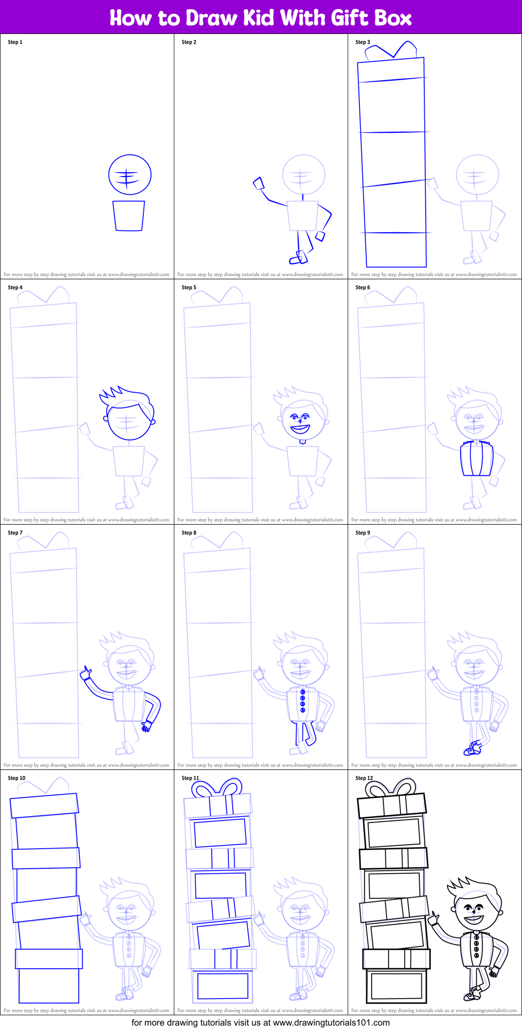 How to Draw Kid With Gift Box Printable Step by Step